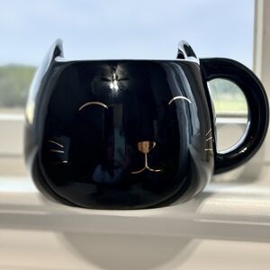 Tri-Coastal Design Black Cat Coffee Tea Mug Wide With Ears Gold MEOW Inside Cup